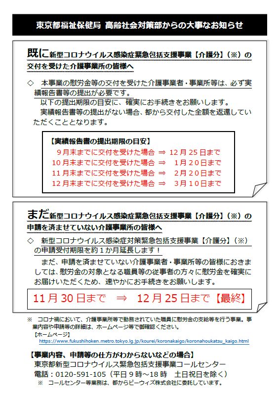 介護職むけコロナ慰労金など緊急包括支援事業の実績報告期限について東京都からお知らせ（介護保険）